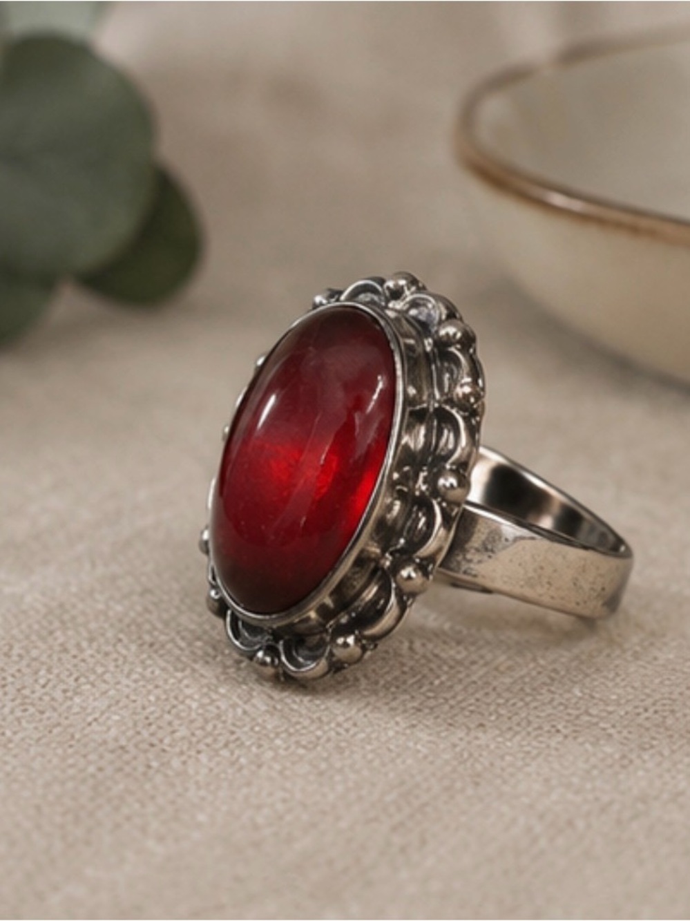 Vintage-Style Red Cabochon Silver Ring